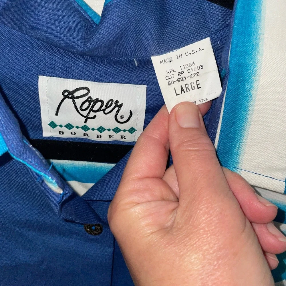 Vintage Roper Blue Graphic Border Button-Up Shirt Deadstock Made in the USA - Picture 2 of 6